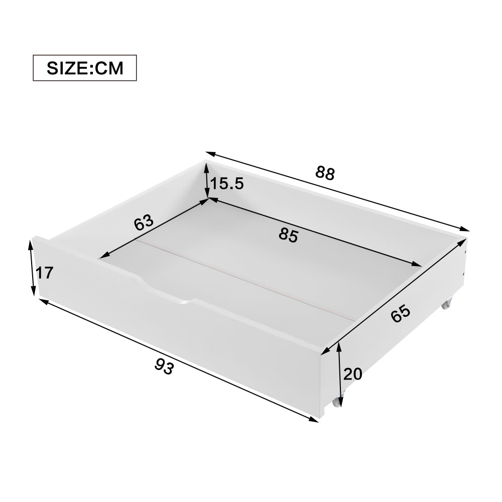 Zwei Schubladen, Stauraum unter dem Bett, MDF + Bodenrollen, weiß (93x65x20cm) (nur Schubladen)