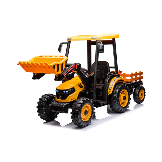 Pedal Tractors with Working Loader and Backhoe Digger, Kids' Ride on Car Toys 24V Battery Powered Electric Vehicles with Trailer, Digger for Toddlers (Yellow)