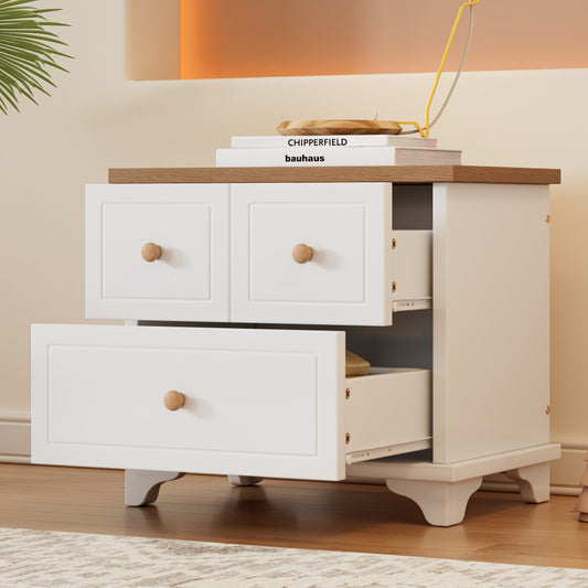 Nachttisch mit 2 Schubladen, geräuschlosen Gleitern, Schön gearbeitete Füße, Stauraum im Wohnzimmer und Schlafzimmer, MDF+Spanplatte, Weiß+Natur