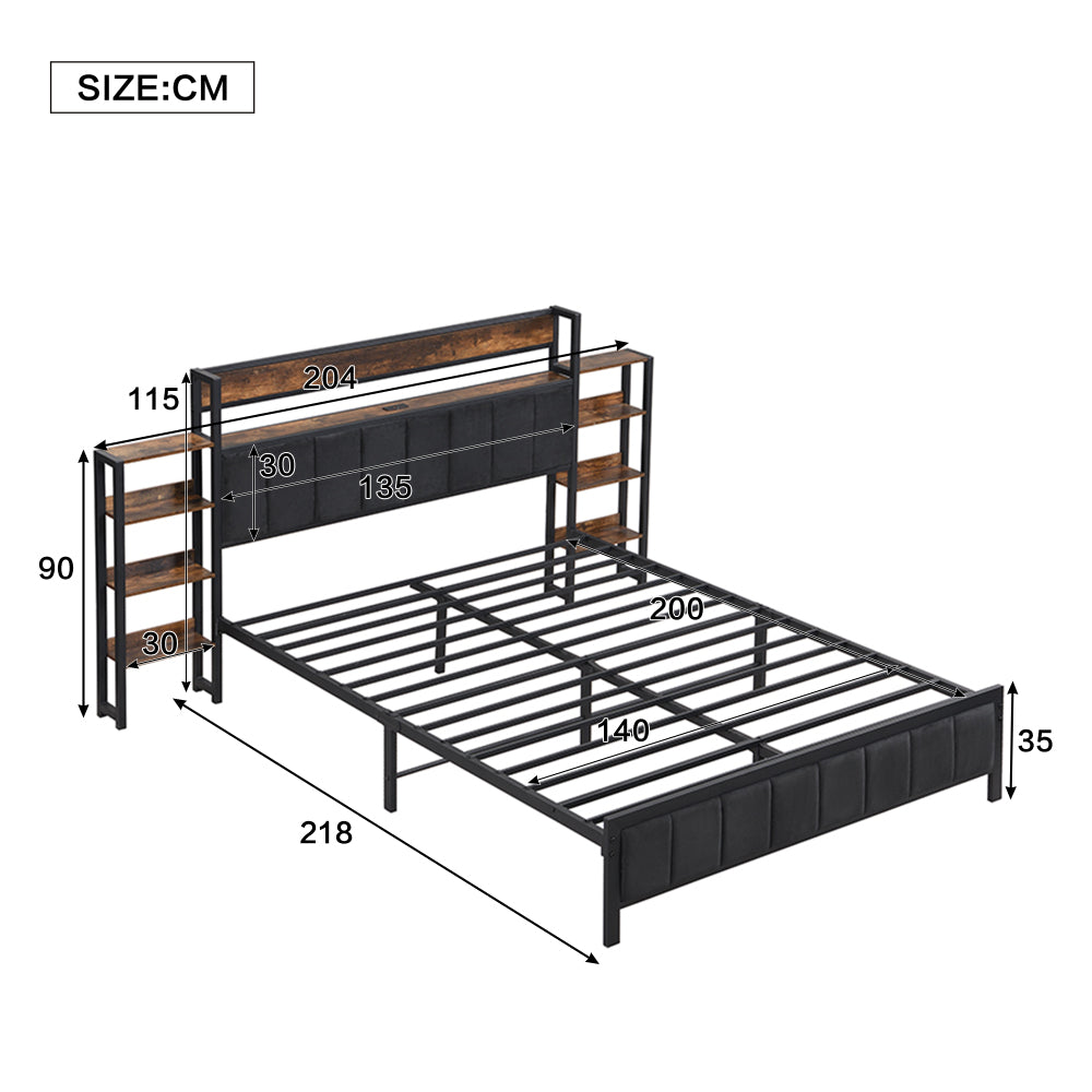 Metallbett, Lagerungsbett, Kopfteil mit Regal, 3 usb-anschlüsse, Dunkler Samtschwamm, Heranwachsende und Erwachsene, Metallrahmen, Flachbetten, Metall+MDF+Velvet, Schwarz + Walnuss, 140x200cm