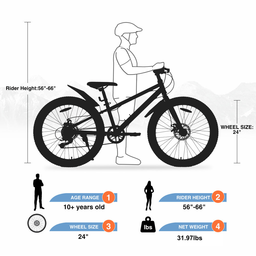 24 Inch Bicycles , Fat Tire Mountain Bike for Boys and Girls Age 10 + Years ,Dual-Disc Brake,Shimano 7-Speed ,Kids Beach and Snow Bicycle