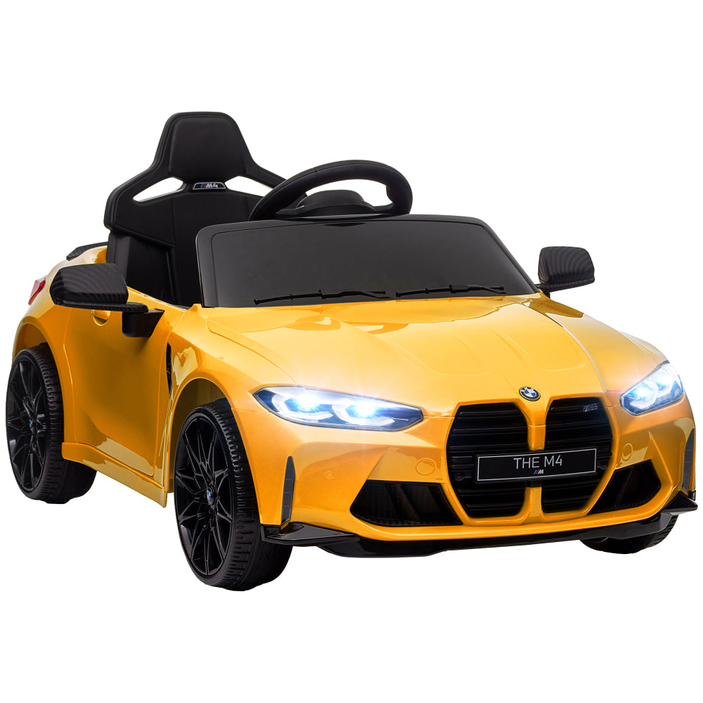 Qaba BMW M4 Licensed Kids Electric Car, 12V Ride On Car with Parent Remote Control, Suspension, Handle Attachment, Battery Powered Kids Car with LED Lights, Music, Soft Start, Yellow