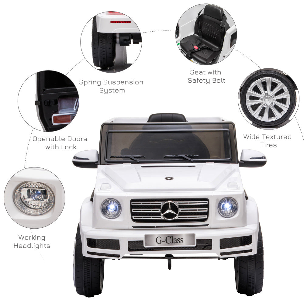 Aosom 12V Kids Electric Car, Mercedes Benz G500 Licensed Battery Powered Ride on Truck for Kids with Remote Control, Headlights, Music, Suspension & Storage for Boys and Girls, White