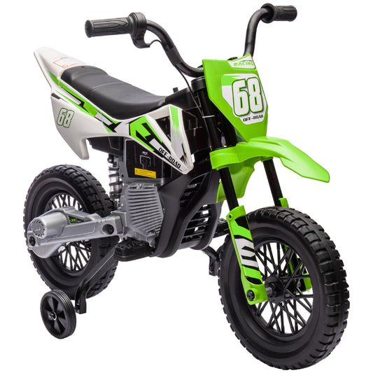 Qaba Kids Dirt Bike with Twist Grip Throttle, 12V Electric Motorcycle, Electric Bike for Toddler with Training Wheels, Rear Suspension & Music for Ages 3-6 Years, Green