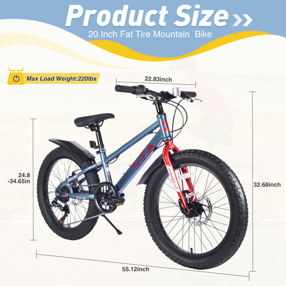 20 Inch Kids Bicycles , Fat Tire Mountain Bike for Boys and Girls Age 5 + Years ,Dual-Disc Brake,Shimano 7-Speed ,Kids Beach and Snow Bicycle