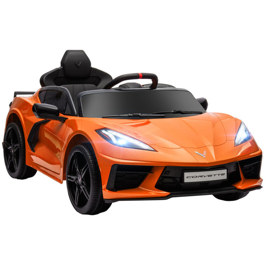 Qaba Electric Car for Kids, 12V Chevrolet Corvette Licensed Kids Car with Parental Remote Control, Suspension System, Music, Horn, Headlight, Slow Start, Kids Electric Car for 3-6 Years, Orange