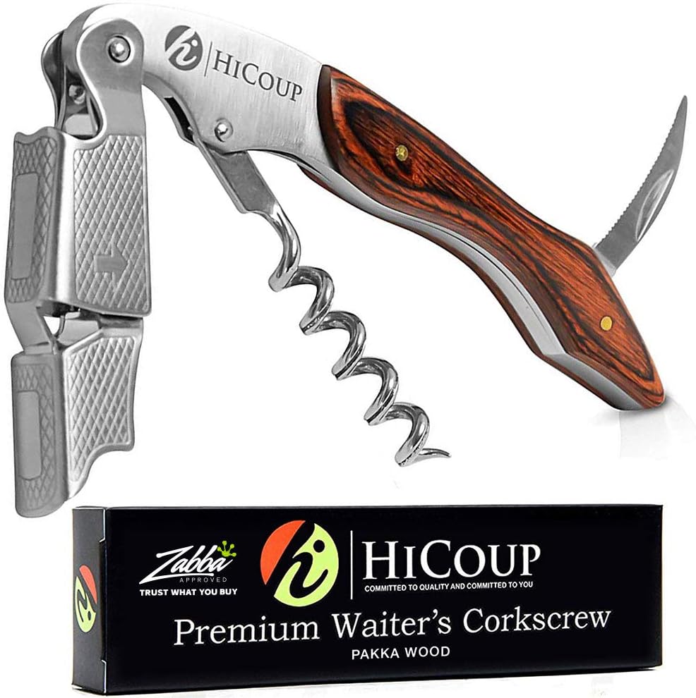 Hicoup Wine Opener - Professional Corkscrews for Wine Bottles w/Foil Cutter and Cap Remover - Manual Wine Key for Servers, Waiters, Bartenders and Home Use - Pakka Wood