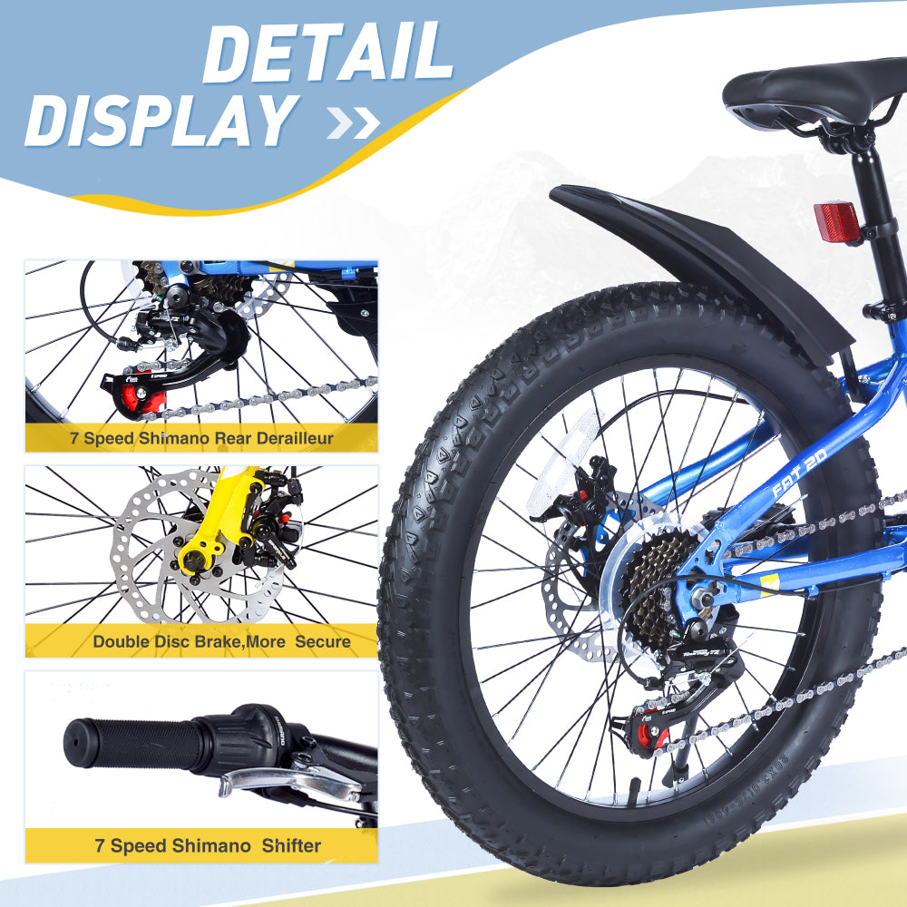 20 Inch Kids Bicycles , Fat Tire Mountain Bike for Boys and Girls Age 5 + Years ,Dual-Disc Brake,Shimano 7-Speed ,Kids Beach and Snow Bicycle