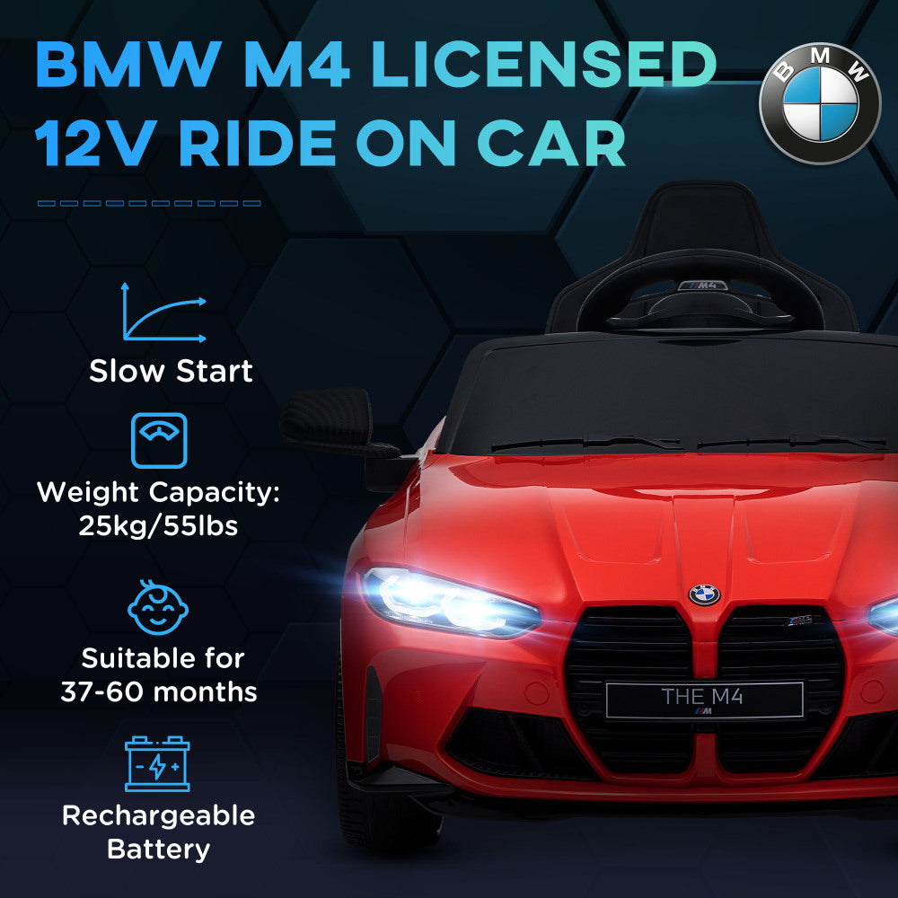 Qaba BMW M4 Licensed Kids Electric Car, 12V Ride On Car with Parent Remote Control, Suspension, Handle Attachment, Battery Powered Kids Car with LED Lights, Music, Soft Start, Red