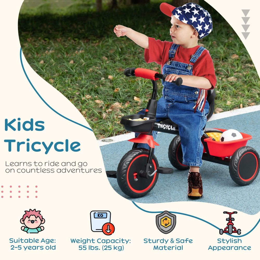 Qaba Tricycle for Toddlers Age 2-5 with Adjustable Seat, Toddler Bike with Storage Baskets for Girls and Boys, Red