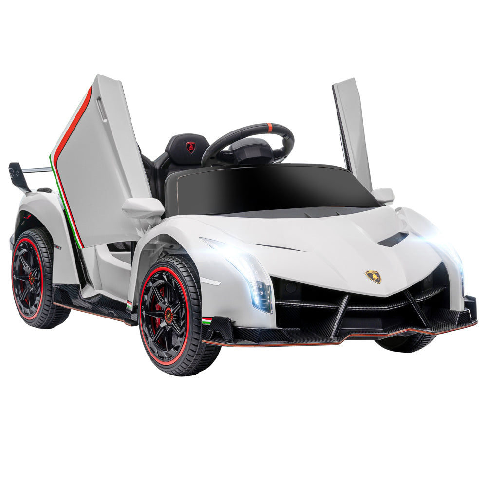 Aosom Lamborghini Veneno Licensed Kids Electric Car with  Bluetooth, 12V Ride on Car with Butterfly Doors, Remote Control, Portable Battery, Suspension System, Horn, Songs, Lights, White