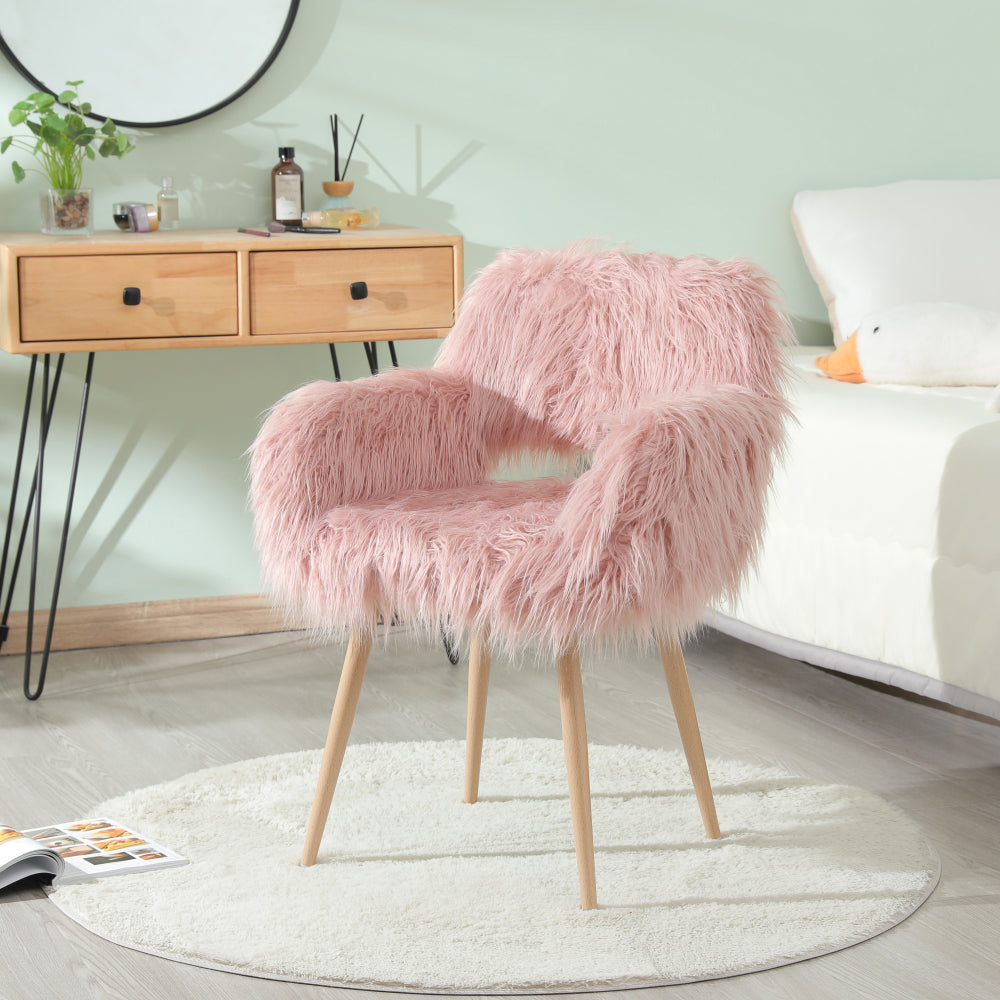 WHITE Faux Fur Upholstered Make up chair Side Dining Chair with Metal Leg(WHITE+Beech Metal Leg)