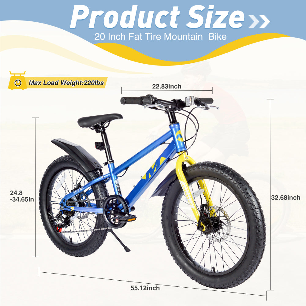 20 Inch Kids Bicycles , Fat Tire Mountain Bike for Boys and Girls Age 5 + Years ,Dual-Disc Brake,Shimano 7-Speed ,Kids Beach and Snow Bicycle