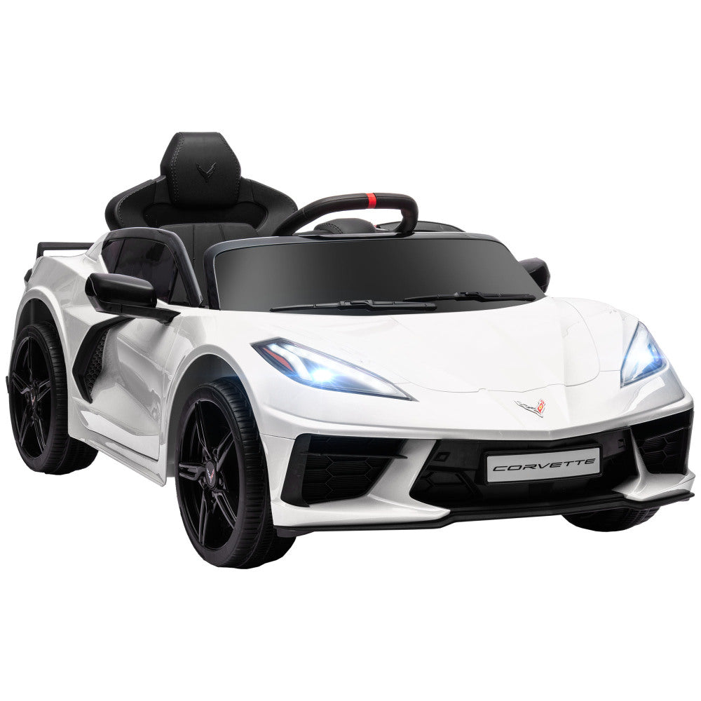 Qaba Electric Car for Kids, 12V Chevrolet Corvette Licensed Kids Car with Parental Remote Control, Suspension System, Music, Horn, Headlight, Slow Start, Kids Electric Car for 3-6 Years, White