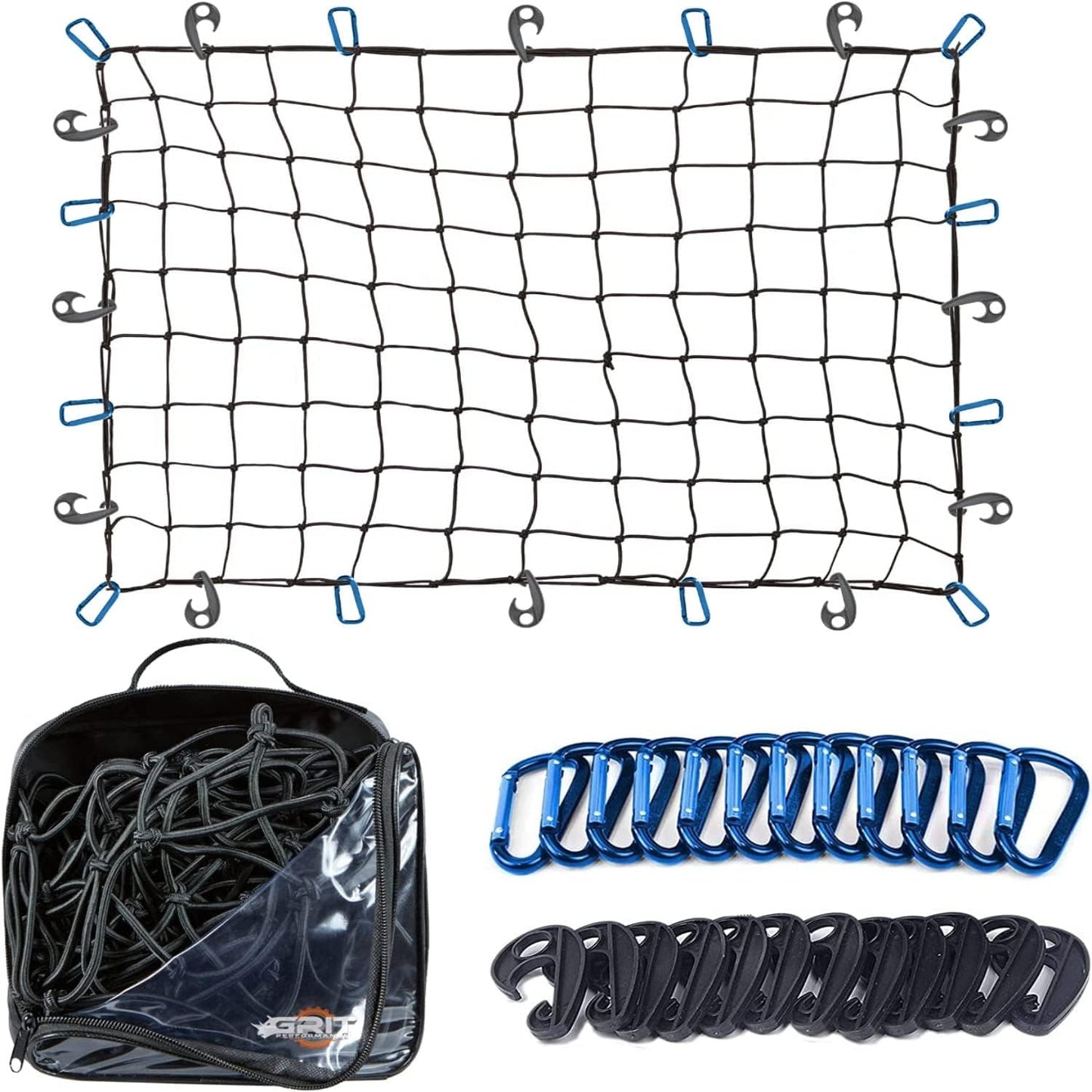 Grit Performance Cargo Net for Pickup Truck Bed - 4 x 6 Foot, Heavy-Duty, Mesh Square Bungee Netting with 12 Blue Clips and Storage Bag - Holds Small and Large Loads