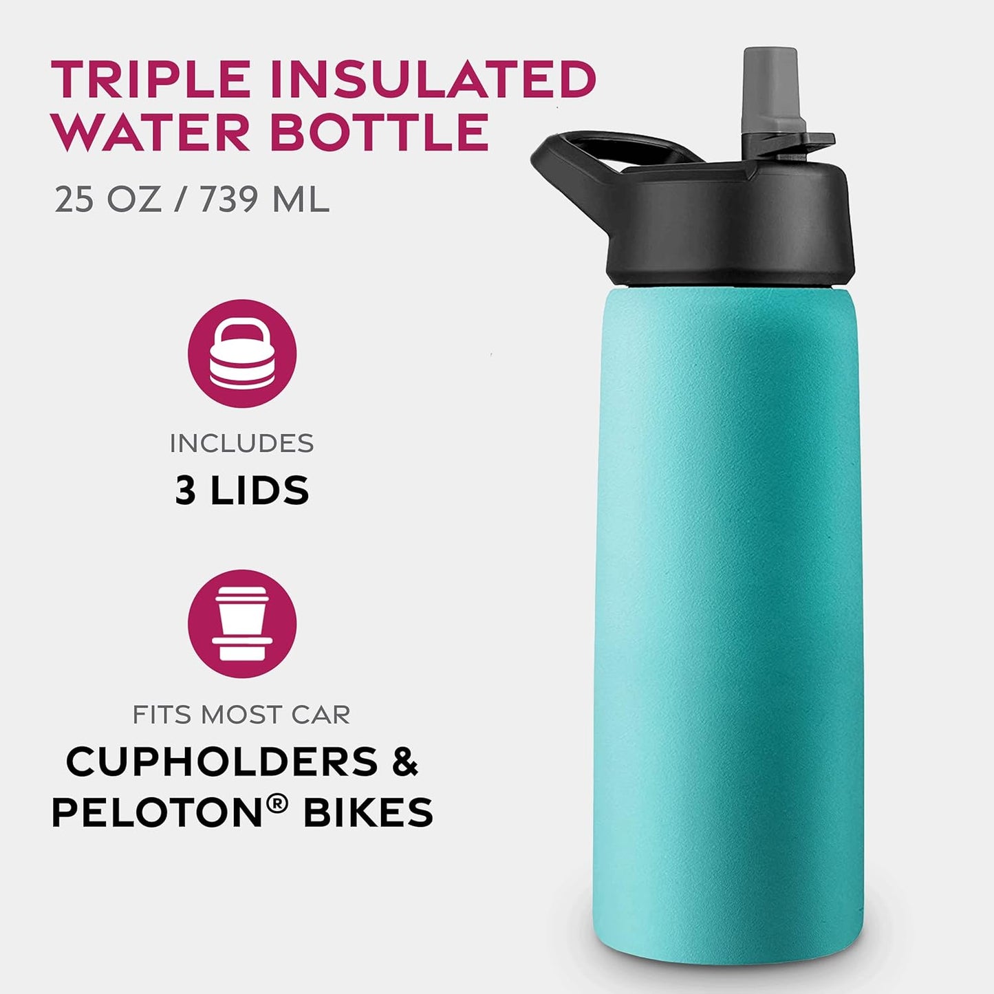 FineDine Triple Walled, Insulated Water Bottles with Straw - 25 Oz Stainless Steel Metal Bottle W/ 3 Leak Proof Lids - For Travel, School, Sports, Gym / Men, Women & Kids - Cheery Turquoise