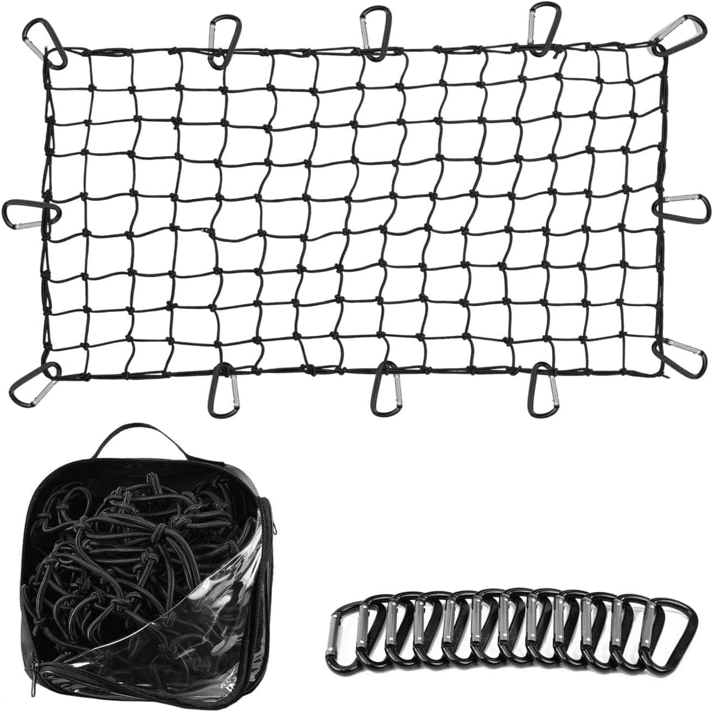 Grit Performance Cargo Net for SUV - 3 x 4 Foot, Heavy-Duty, Mesh Square Bungee Netting with 12 Hooks, 12 Black Clips and Storage Bag - Holds Small and Large Loads