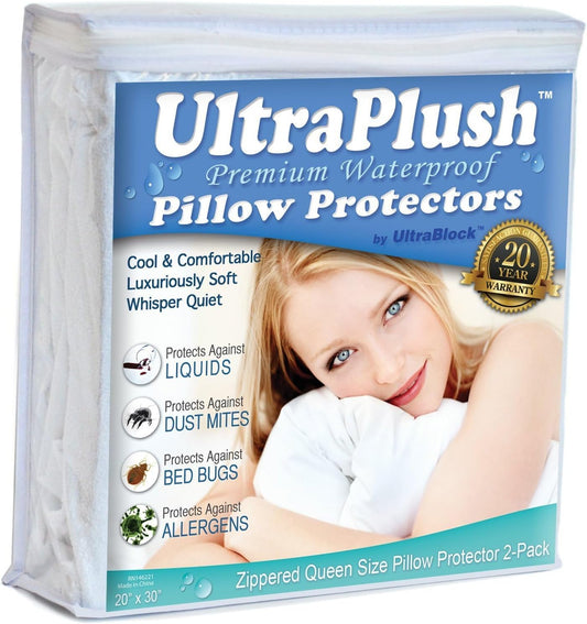 UltraBlock Ultra Plush Premium Waterproof Pillow Protector Set of 2 - Zippered Pillow Case Cover - Super Soft and Quiet Feather Proof Encasement (Queen Size 20 inches x 30 inches)