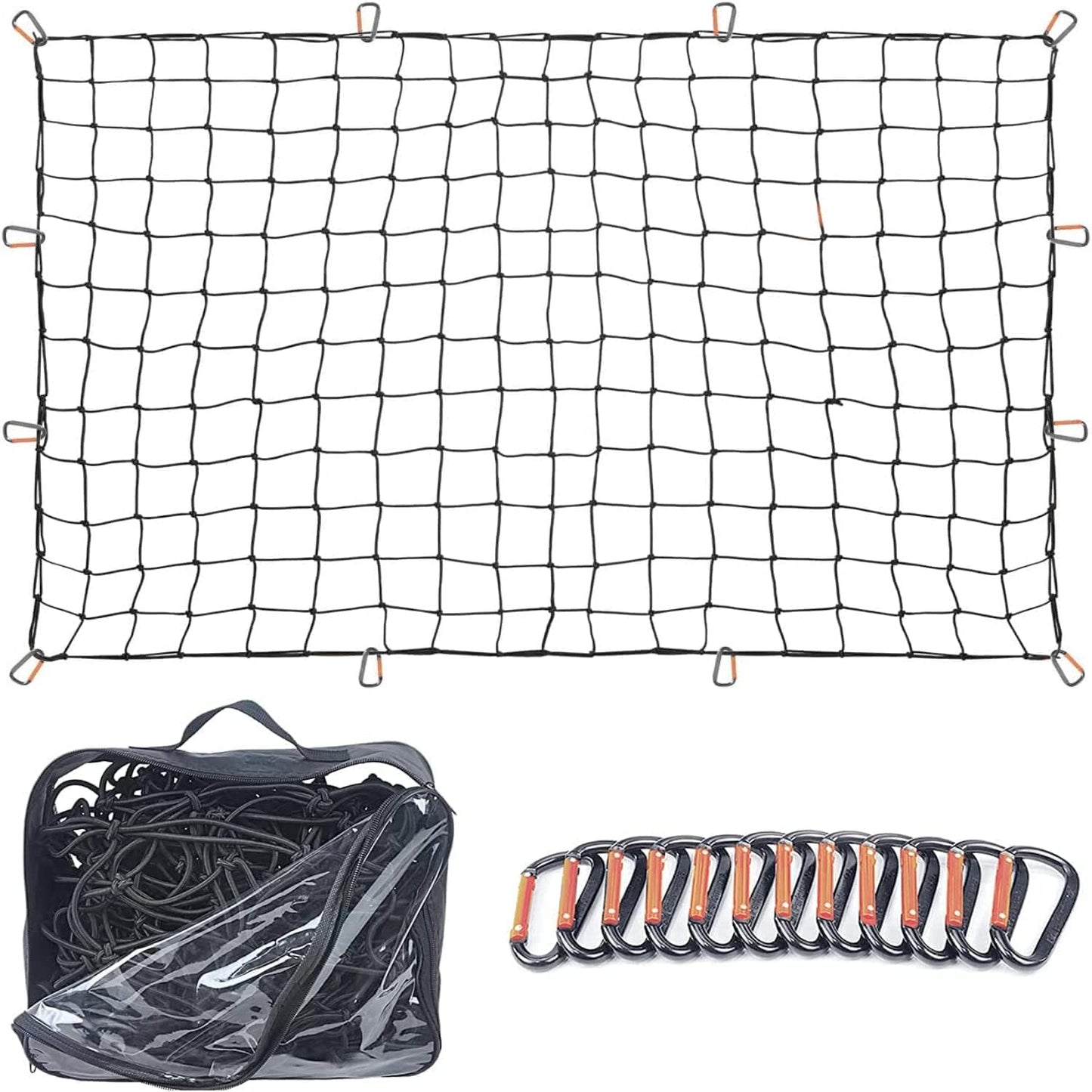 Grit Performance Cargo Net for SUV - 3 x 4 Foot, Heavy-Duty, Mesh Square Bungee Netting with 12 Hooks, 12 Black Clips and Storage Bag - Holds Small and Large Loads