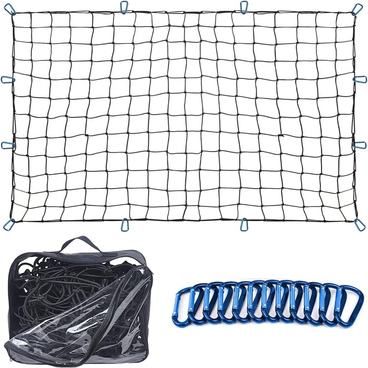 Grit Performance Cargo Net for SUV - 3 x 4 Foot, Heavy-Duty, Mesh Square Bungee Netting with 12 Hooks, 12 Black Clips and Storage Bag - Holds Small and Large Loads