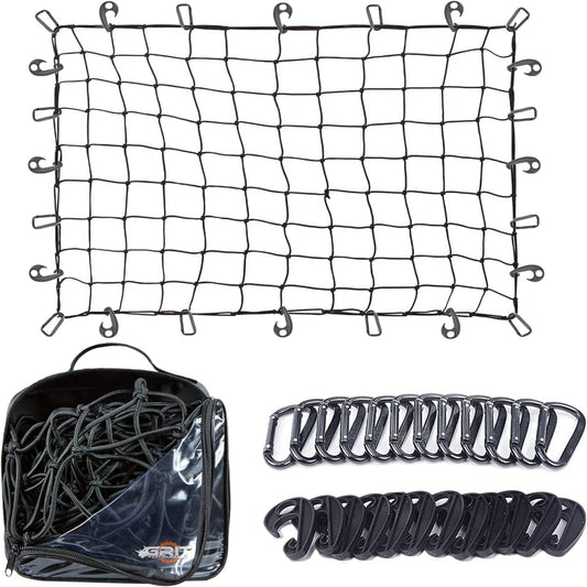 Grit Performance Cargo Net for SUV - 3 x 4 Foot, Heavy-Duty, Mesh Square Bungee Netting with 12 Hooks, 12 Black Clips and Storage Bag - Holds Small and Large Loads