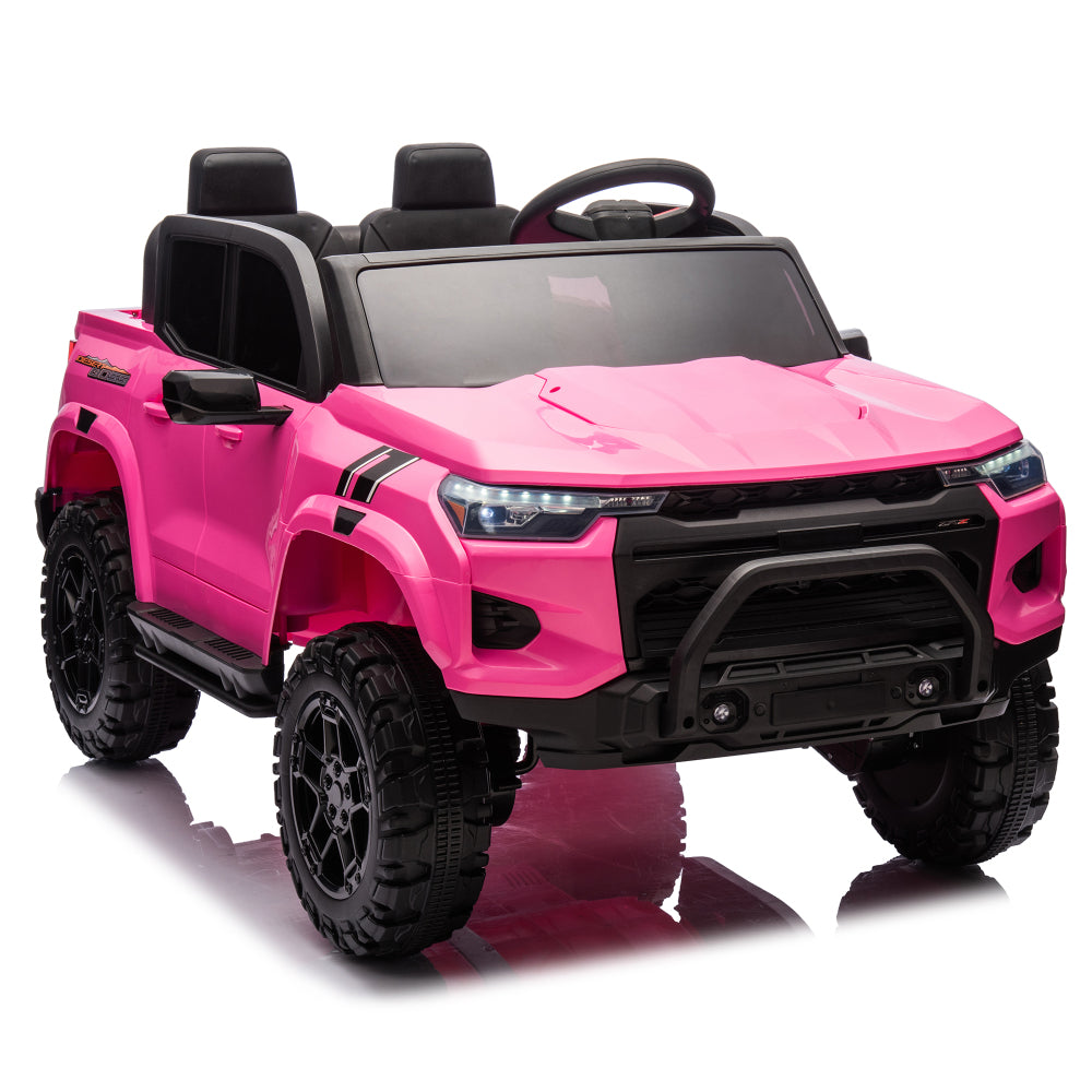 24V Two-seater Kids Ride On Electric Pickup,kids ride on toy W/parents remote control,4WD 800W motors,Two Safety Belts,High Gate Safety Design,Top warning light, Speed 2.49-3.73MPH for kids aged 3+.