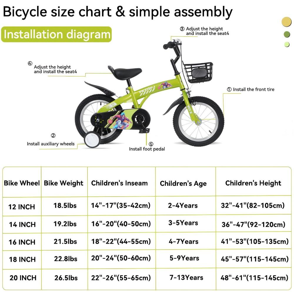 FKZNPJ 16 inch sporty kids bike with training wheels and stand Adjustable saddle Suitable for boys and girls aged 4-8 years tall Height 41-46 inches Available in a variety of colors