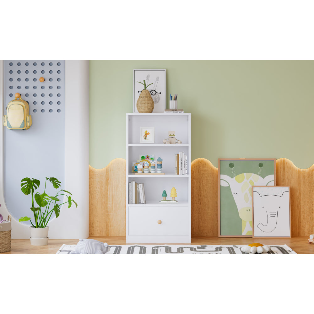 Bücherregal, Regal mit drei Einlegeböden und einer Schublade, geräuschlosen Gleitern, Schlafzimmer, Wohnzimmer, MDF, Weiß