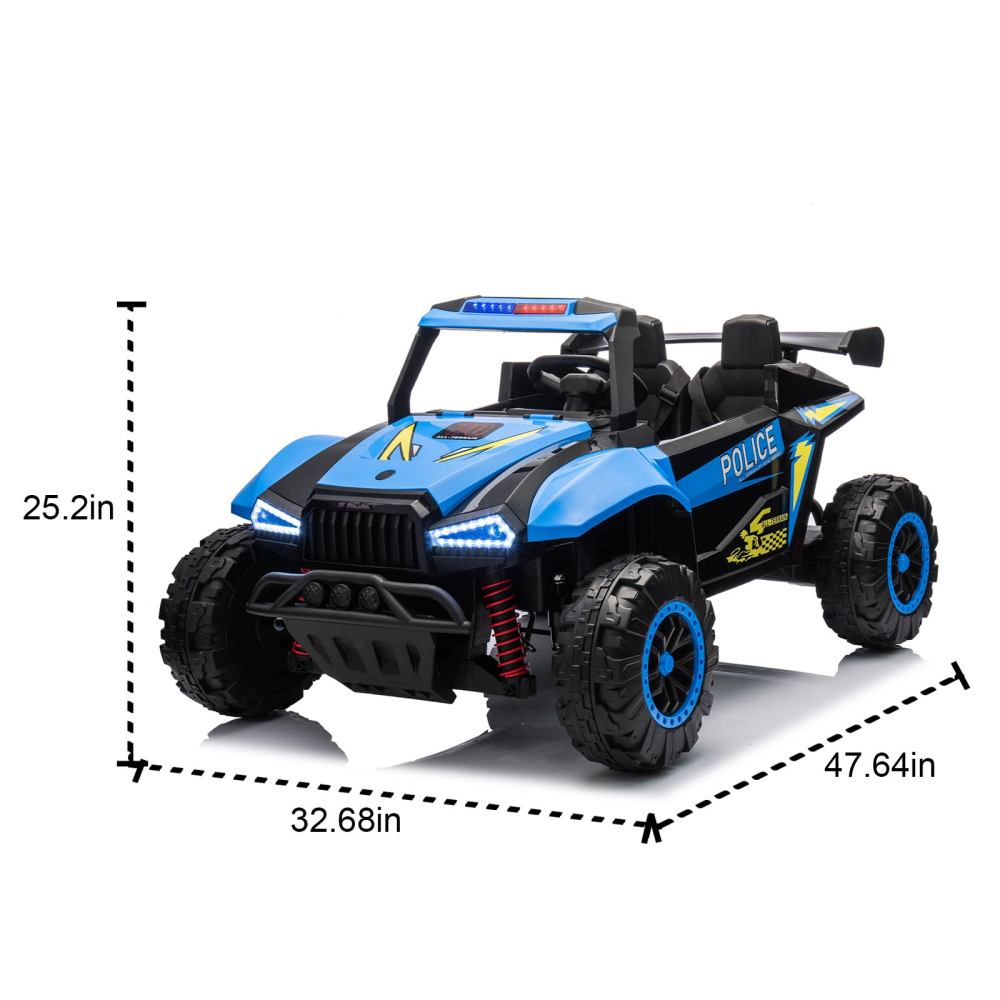 24V Two-seater Kids Ride On Electric Car W/Parents Control,Seat width 20.47in,2WD,Four-wheel suspension,The police car with a megaphone,Power display,Bluetooth,MP3,USB/TF,Music,LED Lights for Kids.