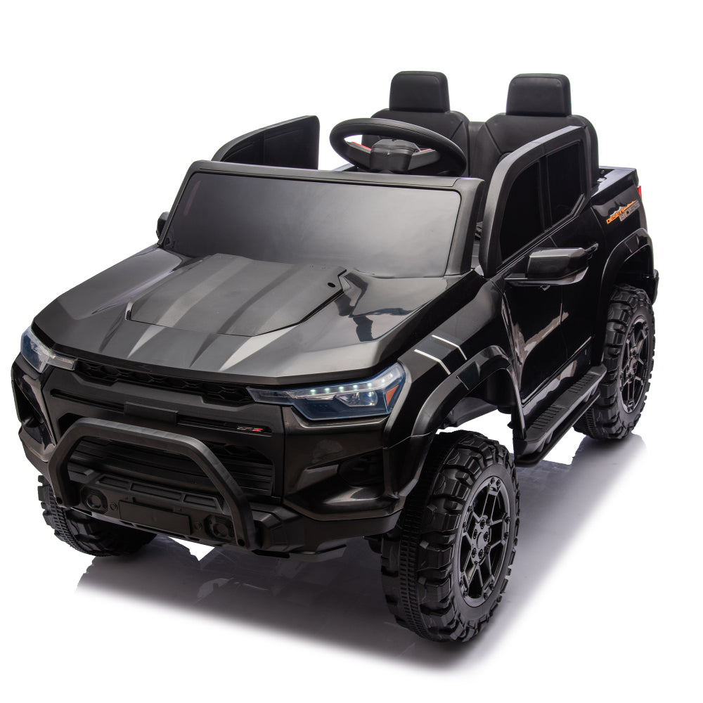 24V10A Two-seater Kids Ride On Electric Pickup, kids ride on toy W/parents remote control,4WD 800W motors,Two Safety belts,High Gate Safety Design,USB,Bluetooth, Speed 2.49-3.73MPH for kids aged 3+.