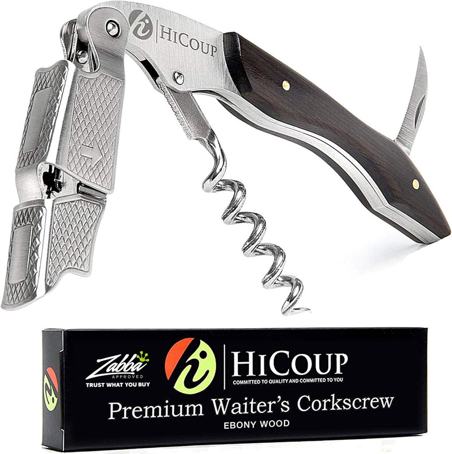 Hicoup Wine Opener - Professional Corkscrews for Wine Bottles w/Foil Cutter and Cap Remover - Manual Wine Key for Servers, Waiters, Bartenders and Home Use - Pakka Wood