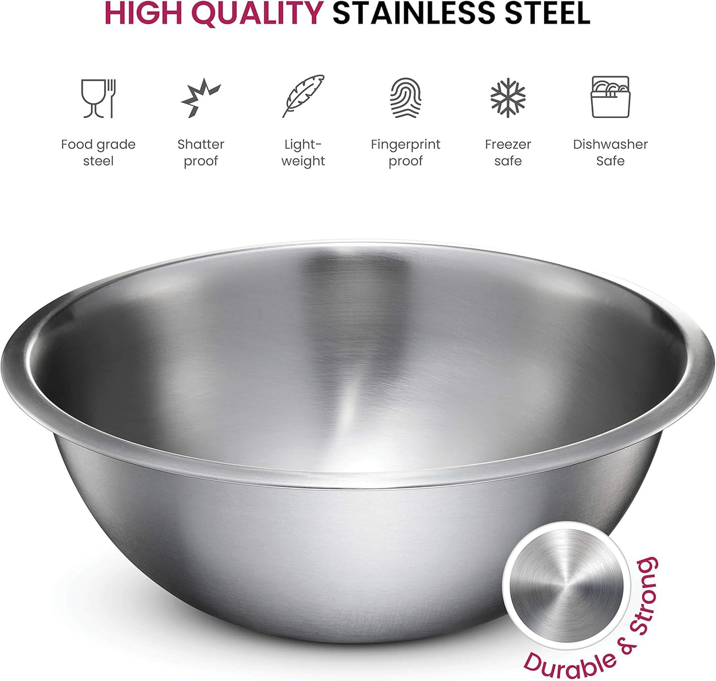 FineDine Stainless Steel Mixing Bowls (Set of 5) Stainless Steel Mixing Bowl Set - Easy To Clean, Nesting Bowls for Space Saving Storage, Great for Cooking, Baking, Prepping