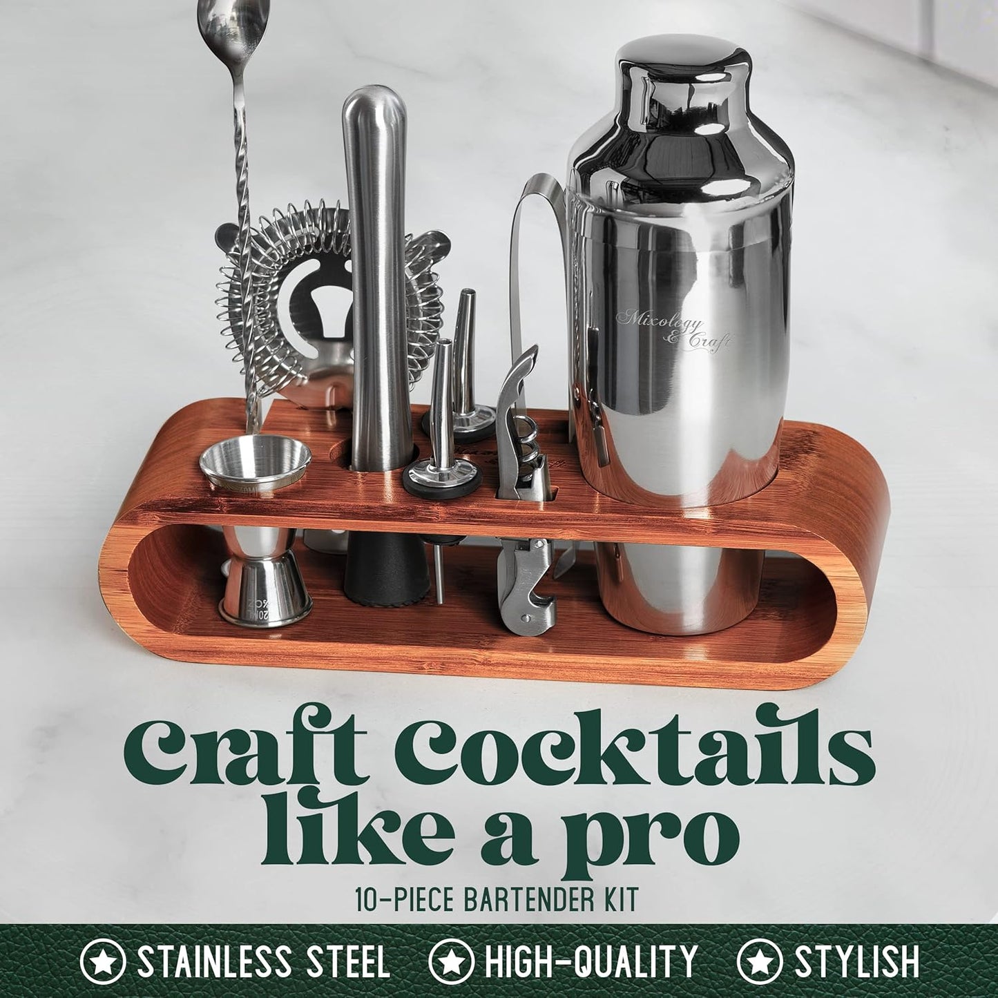 Mixology Bartender Kit: 10-Piece Bar Tool Set with Mahogany Stand | Perfect Home Bartending Kit and Martini Cocktail Shaker Set For a Perfect Drink Mixing Experience | Fun Housewarming Gift (Silver)