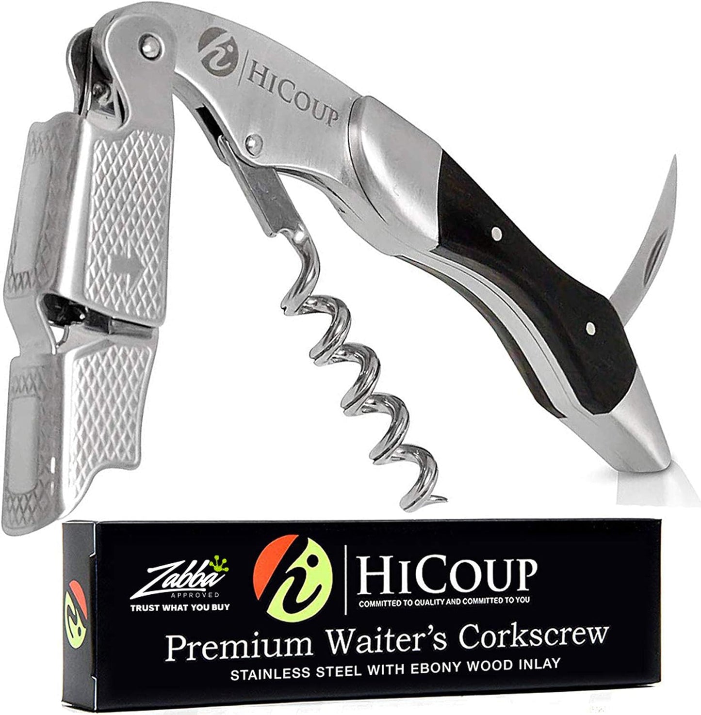 Hicoup Wine Opener - Professional Corkscrews for Wine Bottles w/Foil Cutter and Cap Remover - Manual Wine Key for Servers, Waiters, Bartenders and Home Use - Pakka Wood