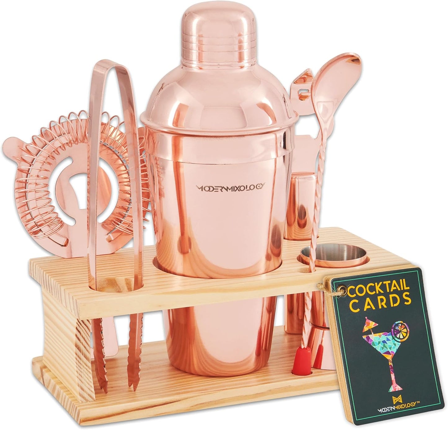 Mixology Bartender Kit - 8-Piece Silver Cocktail Shaker Set with Black Wood Stand, Recipe Cards, and Bar Accessories Ideas