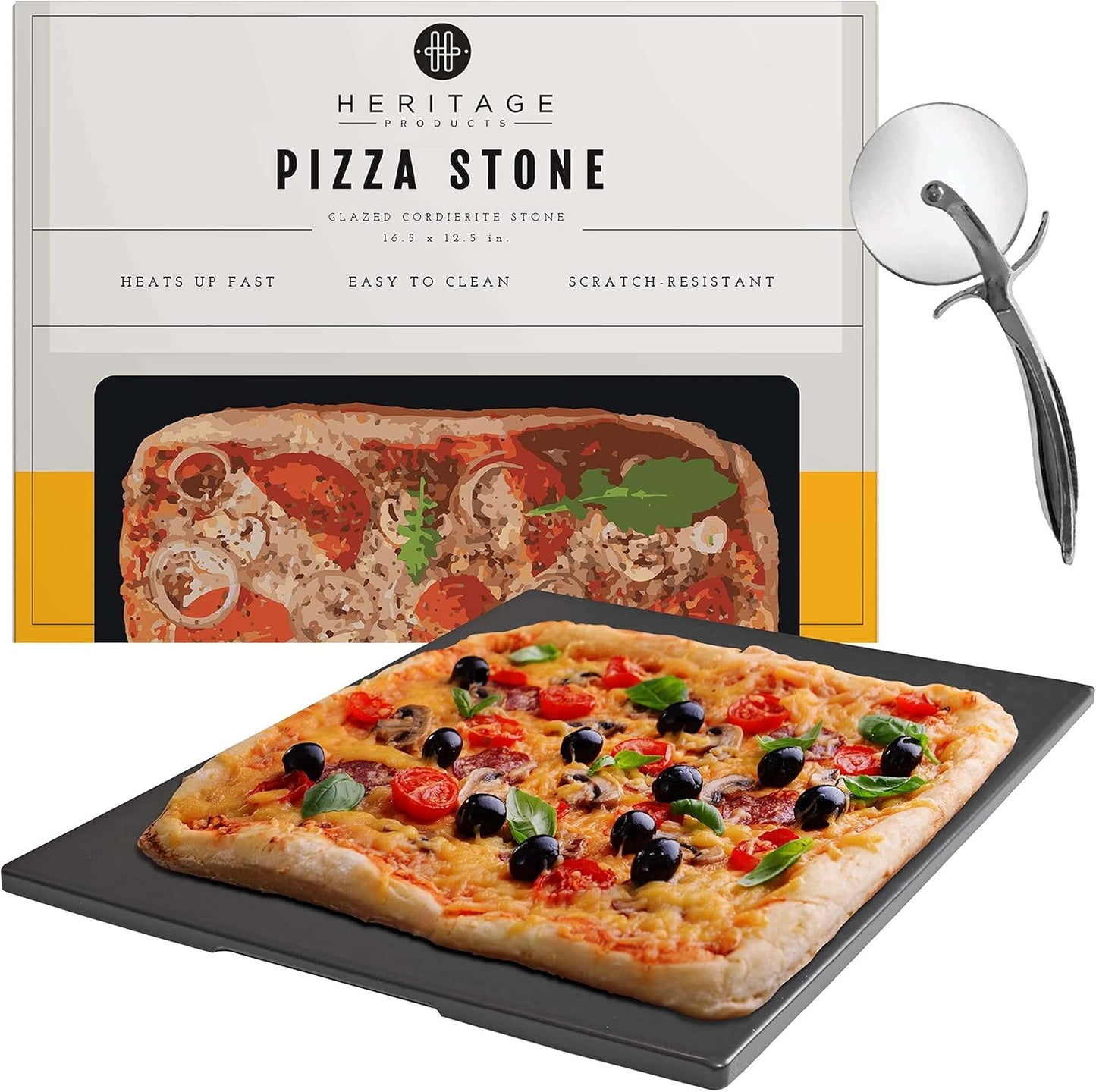 Heritage 15" Ceramic Pizza Stone Set - Non-Stick, Stain-Free with Bonus Cutter - Black