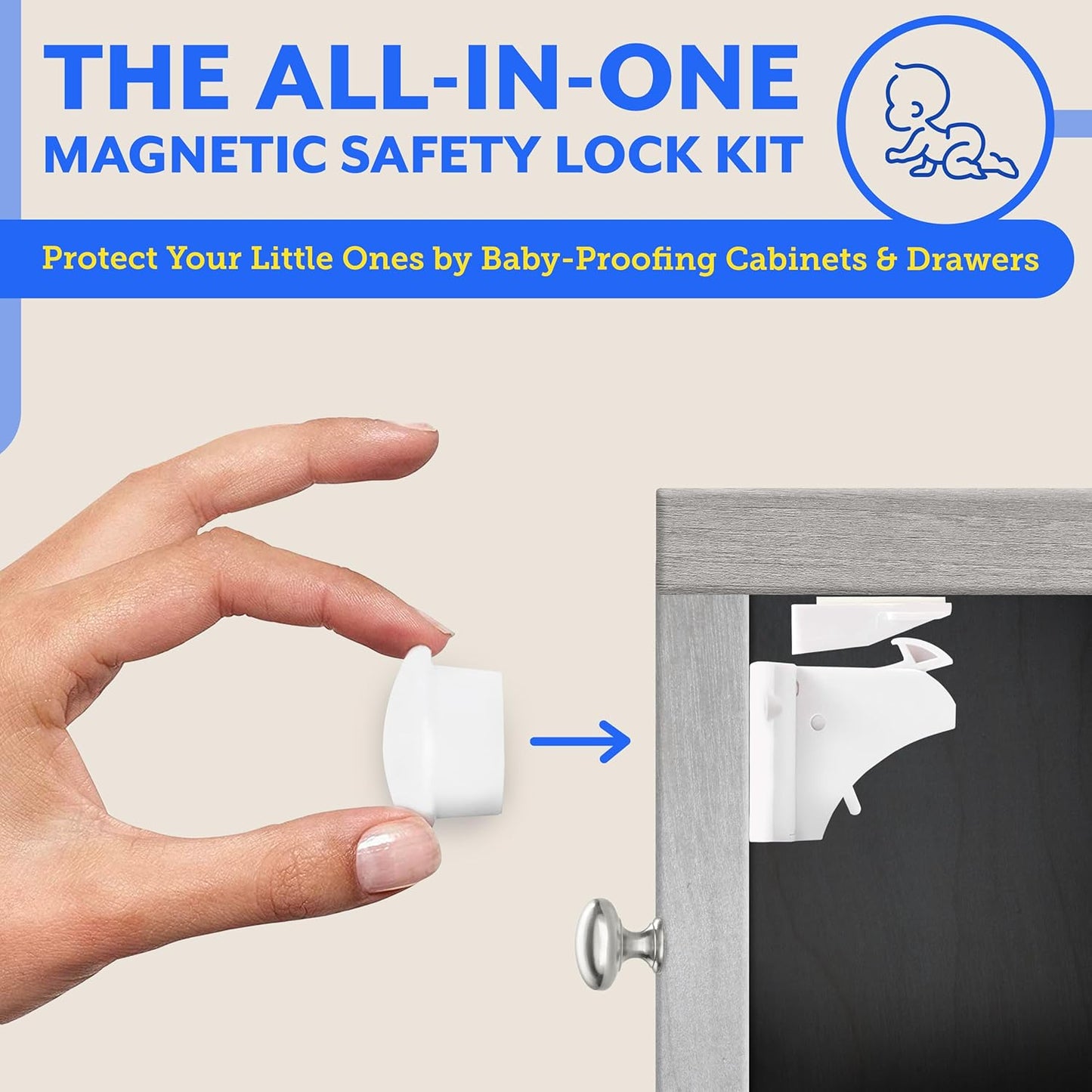 Eco-Baby Magnetic Cabinet Locks for Babies - Keyless, White, 20 Pack and 3 Keys