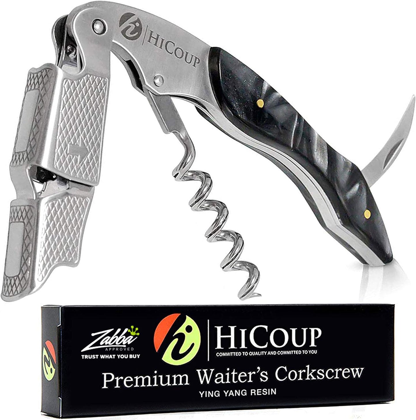 Hicoup Wine Opener - Professional Corkscrews for Wine Bottles w/Foil Cutter and Cap Remover - Manual Wine Key for Servers, Waiters, Bartenders and Home Use - Pakka Wood