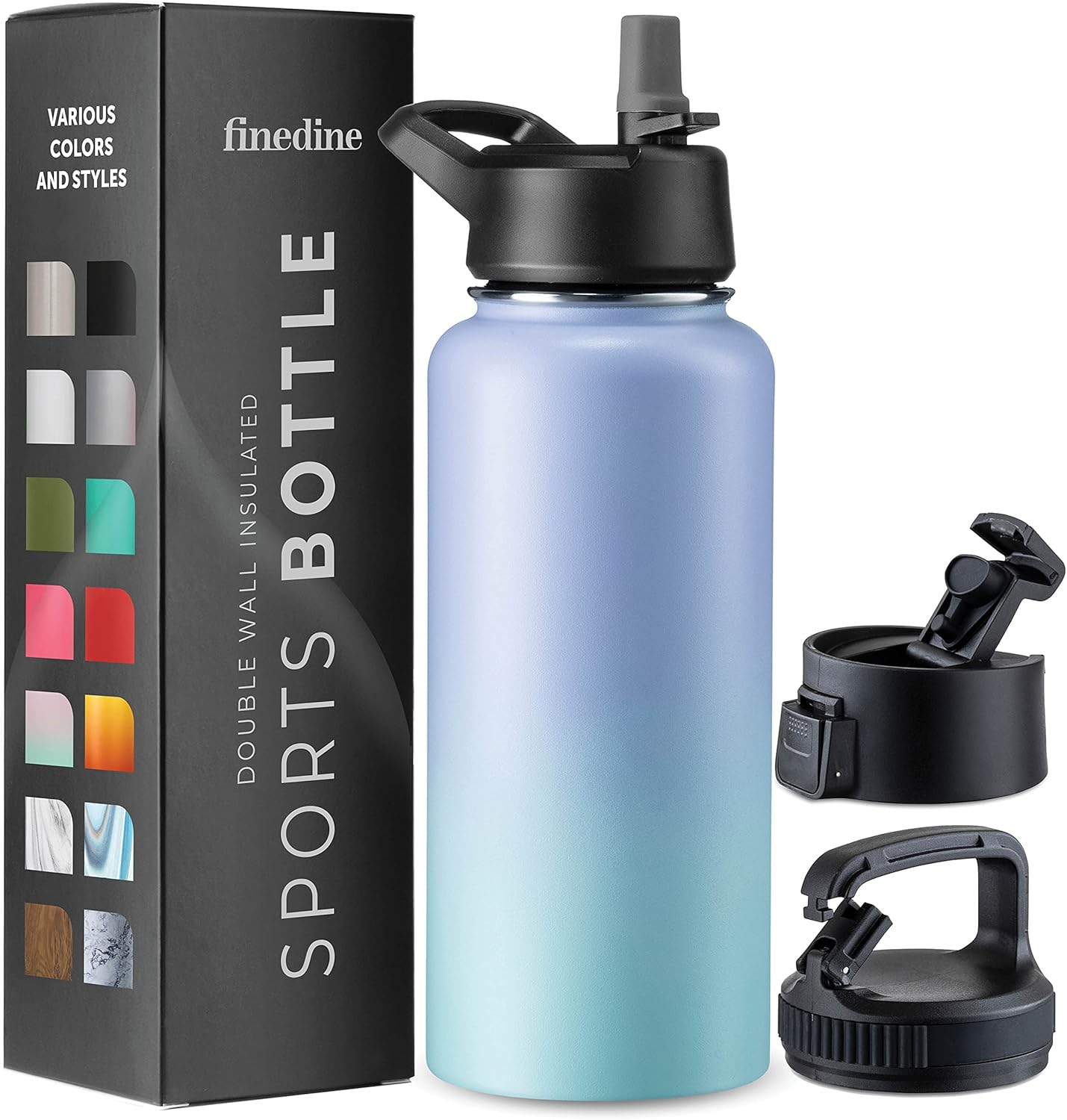 FineDine Triple Walled, Insulated Water Bottles with Straw - 25 Oz Stainless Steel Metal Bottle W/ 3 Leak Proof Lids - For Travel, School, Sports, Gym / Men, Women & Kids - Cheery Turquoise