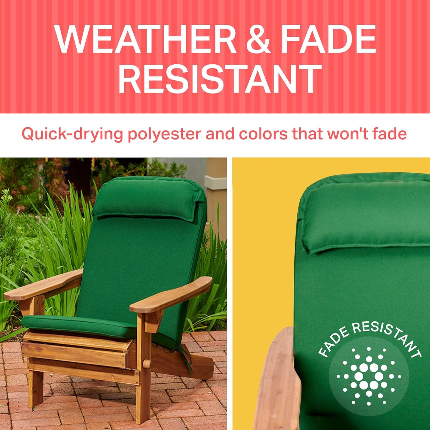 Plant Theatre Adirondack Chair Cushion - High Back Patio Chair Cushion for Outdoor Furniture - Outdoor Chair Cushions for Rocking Chairs, Front Porch, Yard and Lawn Furniture - 49" x 22" Green