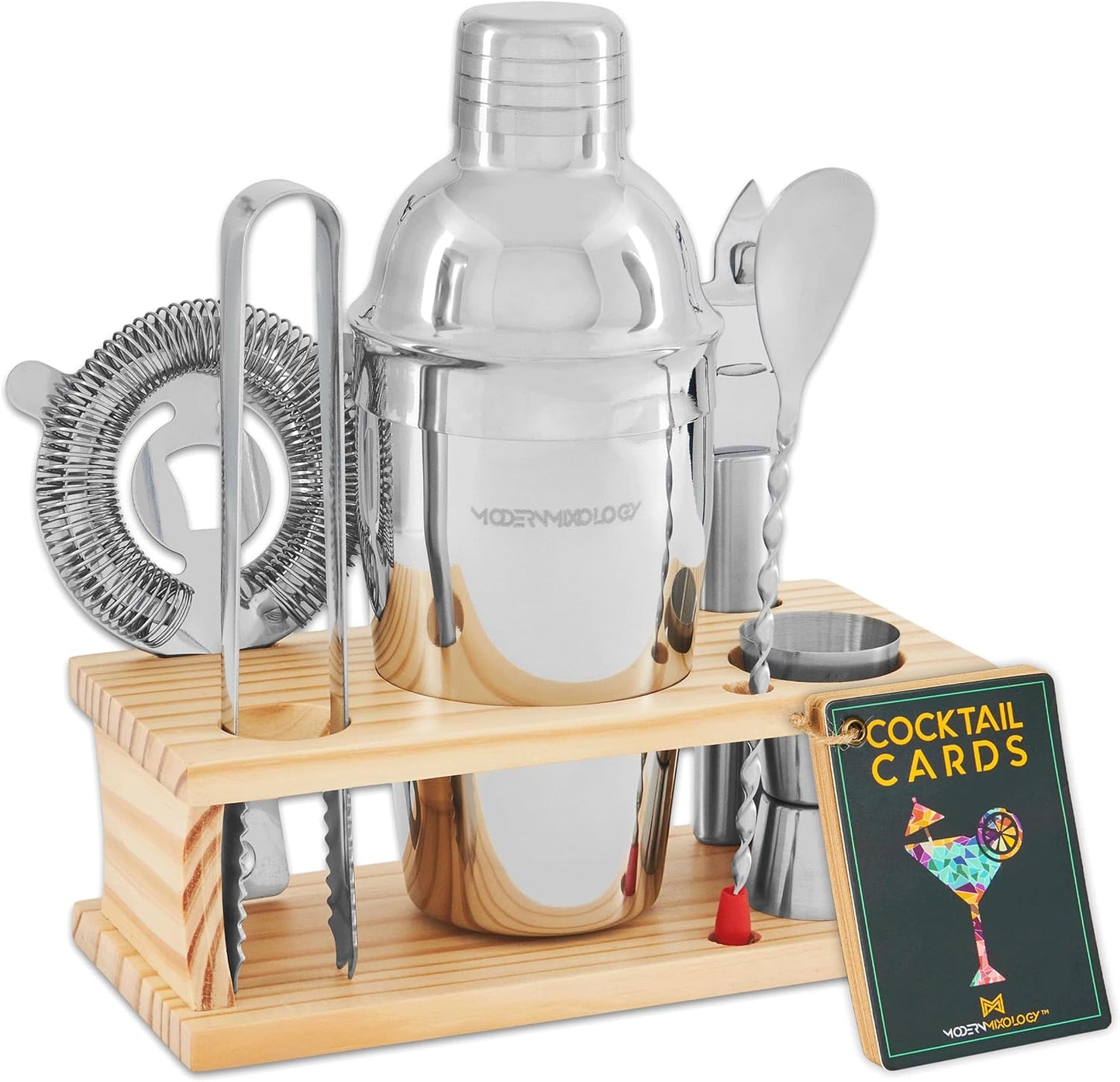 Mixology Bartender Kit - 8-Piece Silver Cocktail Shaker Set with Black Wood Stand, Recipe Cards, and Bar Accessories Ideas