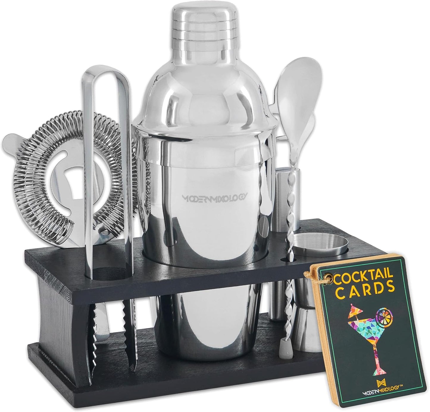 Mixology Bartender Kit - 8-Piece Silver Cocktail Shaker Set with Black Wood Stand, Recipe Cards, and Bar Accessories Ideas