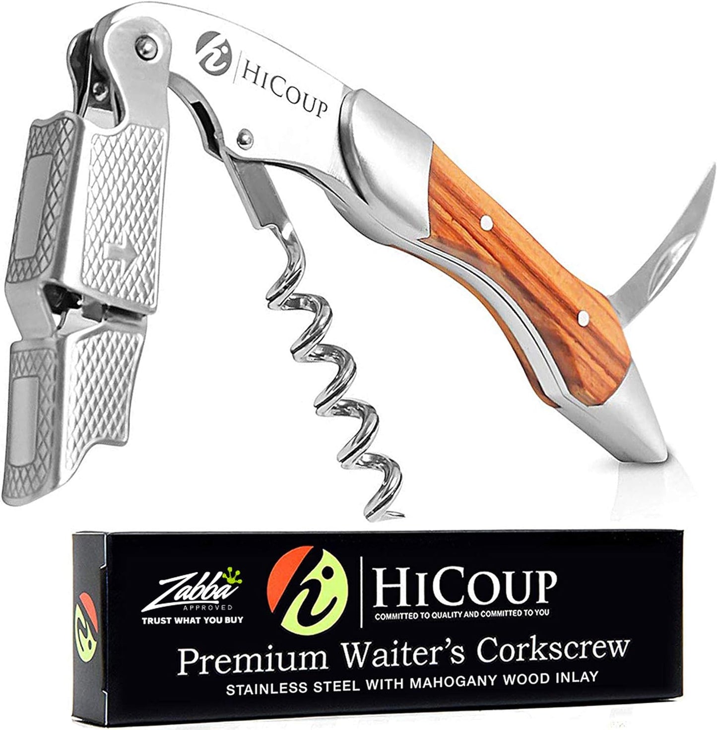 Hicoup Wine Opener - Professional Corkscrews for Wine Bottles w/Foil Cutter and Cap Remover - Manual Wine Key for Servers, Waiters, Bartenders and Home Use - Pakka Wood