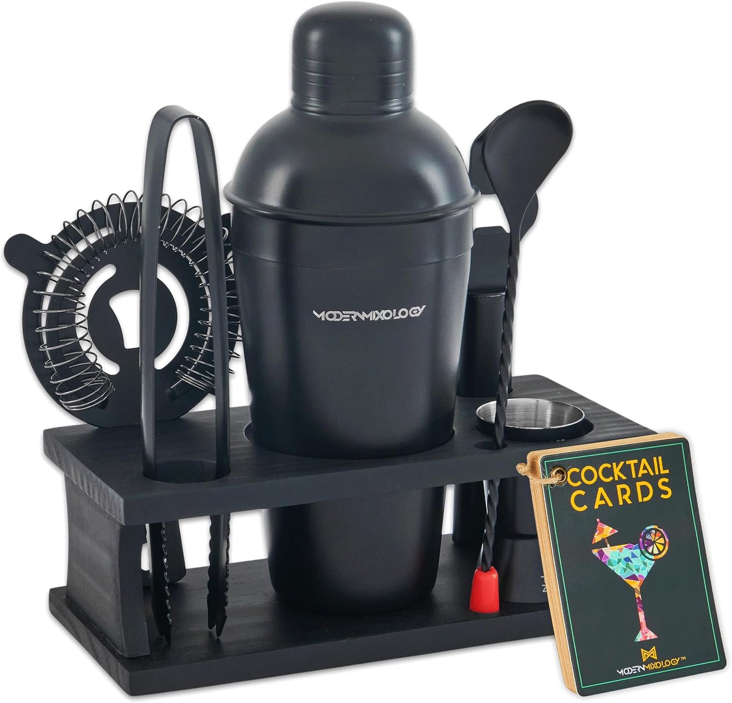 Mixology Bartender Kit - 8-Piece Silver Cocktail Shaker Set with Black Wood Stand, Recipe Cards, and Bar Accessories Ideas