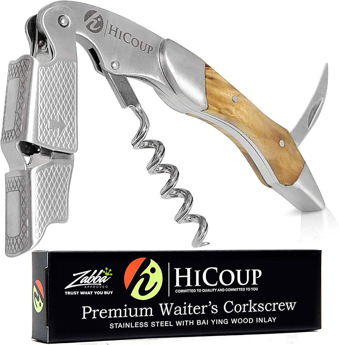 Hicoup Wine Opener - Professional Corkscrews for Wine Bottles w/Foil Cutter and Cap Remover - Manual Wine Key for Servers, Waiters, Bartenders and Home Use - Pakka Wood