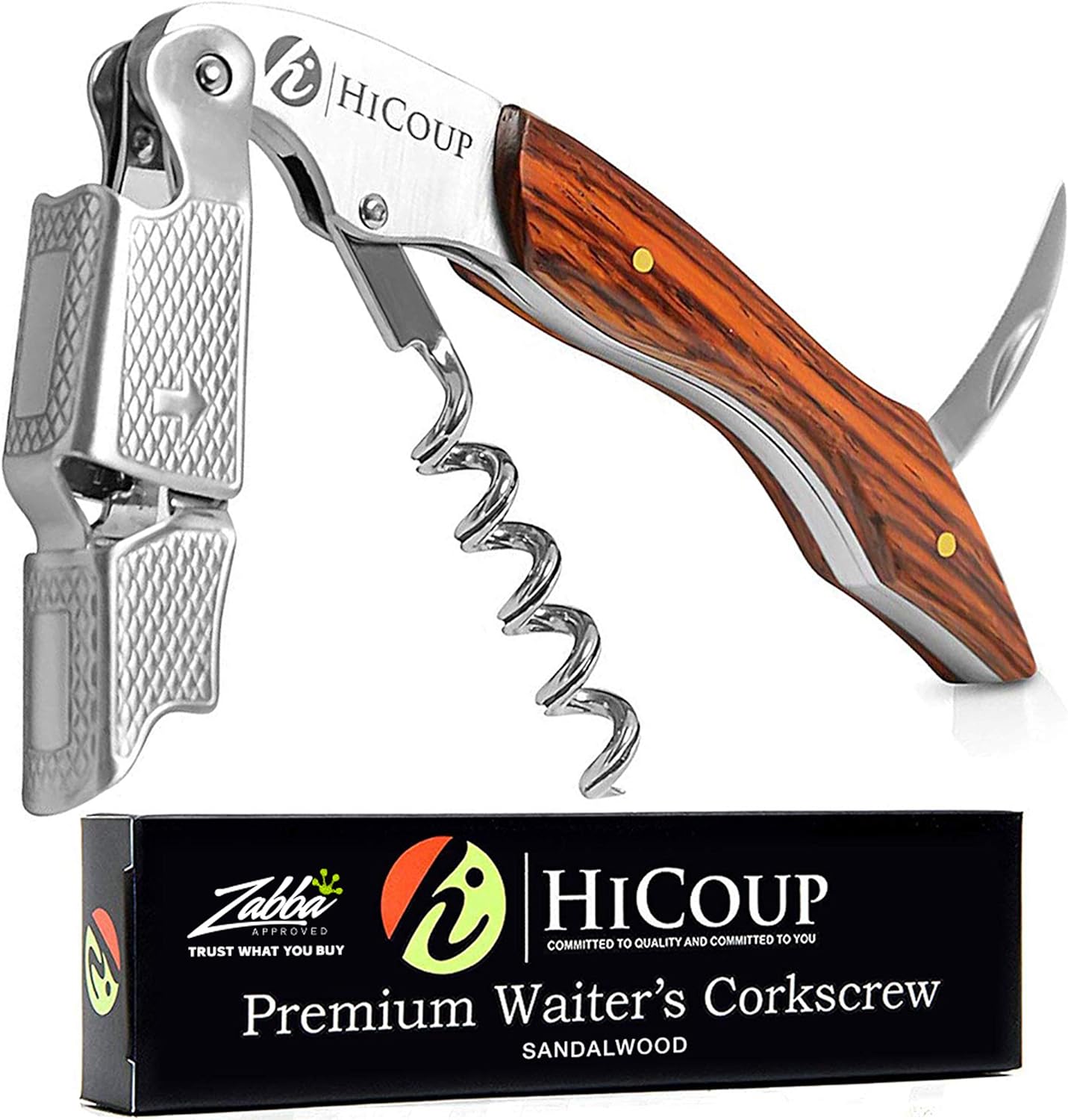 Hicoup Wine Opener - Professional Corkscrews for Wine Bottles w/Foil Cutter and Cap Remover - Manual Wine Key for Servers, Waiters, Bartenders and Home Use - Pakka Wood