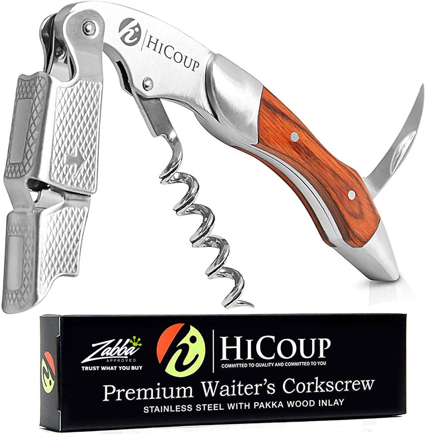 Hicoup Wine Opener - Professional Corkscrews for Wine Bottles w/Foil Cutter and Cap Remover - Manual Wine Key for Servers, Waiters, Bartenders and Home Use - Pakka Wood