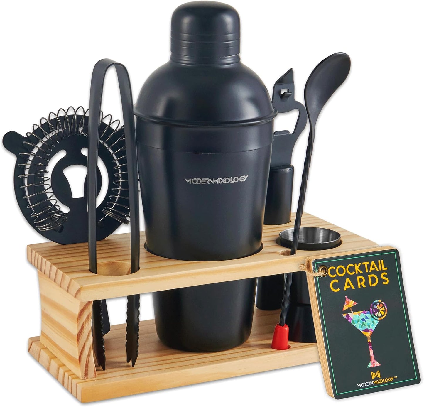 Mixology Bartender Kit - 8-Piece Silver Cocktail Shaker Set with Black Wood Stand, Recipe Cards, and Bar Accessories Ideas