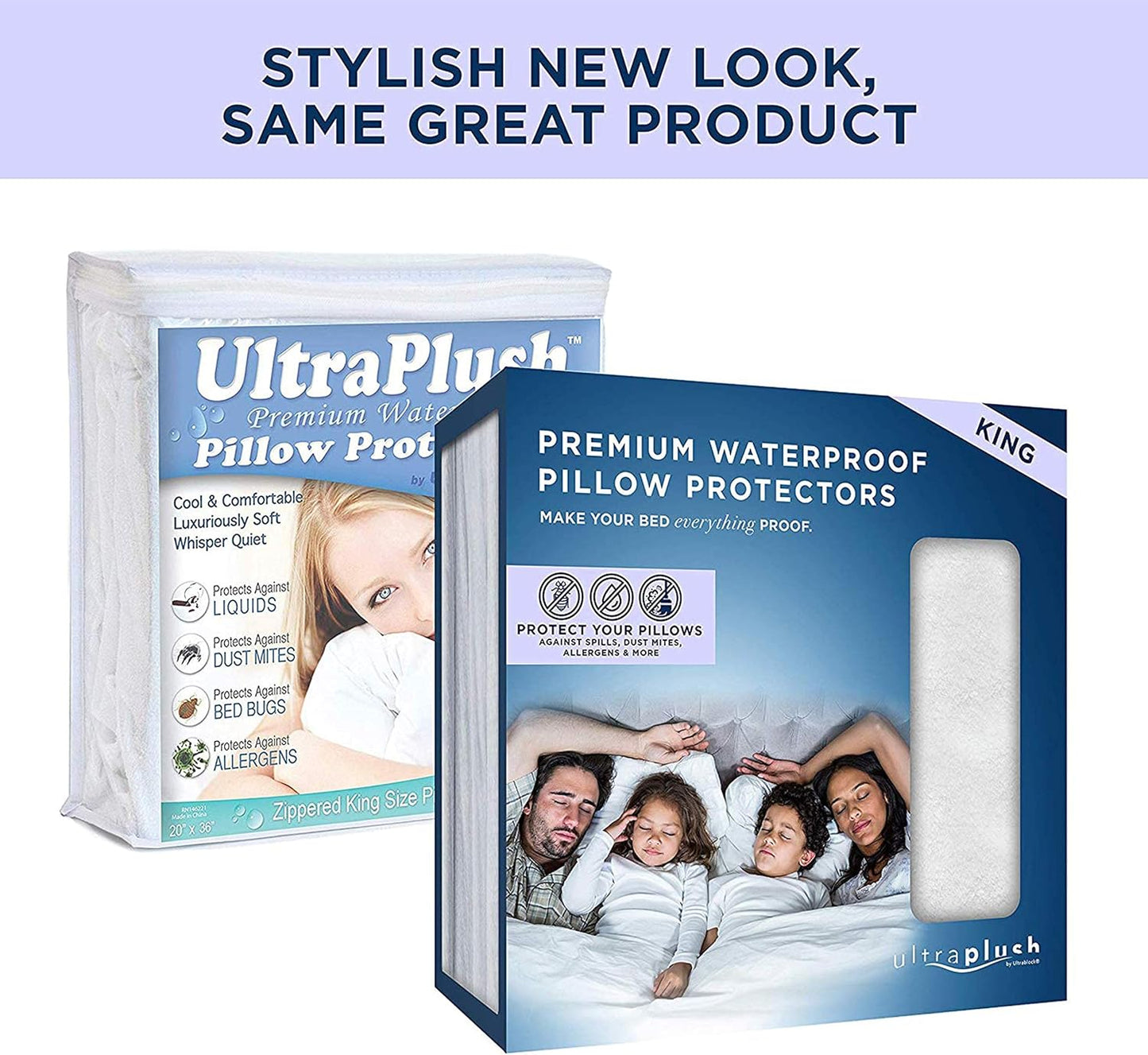 UltraBlock Ultra Plush Premium Waterproof Pillow Protector Set of 2 - Zippered Pillow Case Cover - Super Soft and Quiet Feather Proof Encasement (King Size 20 inches x 36 inches)