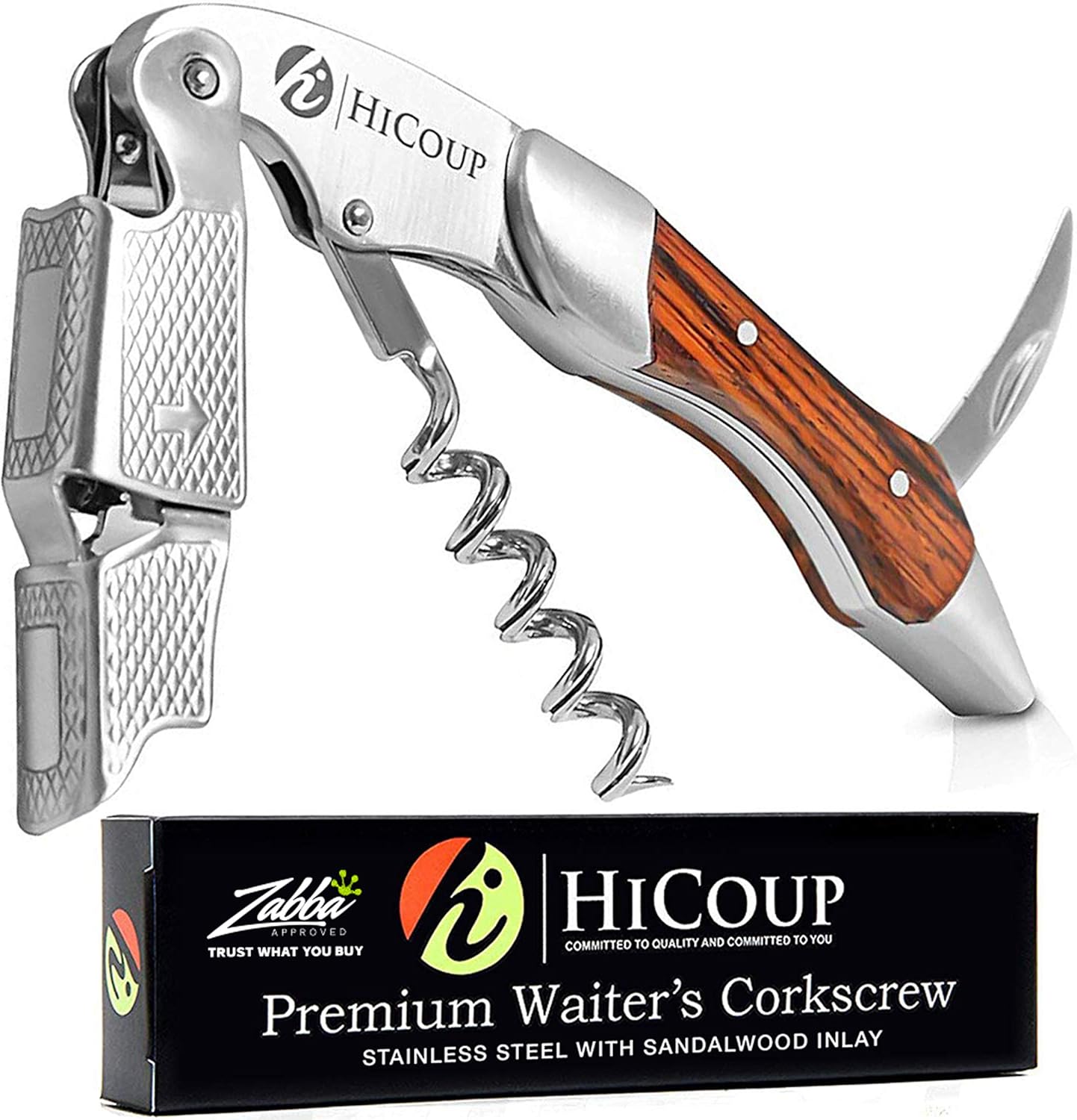 Hicoup Wine Opener - Professional Corkscrews for Wine Bottles w/Foil Cutter and Cap Remover - Manual Wine Key for Servers, Waiters, Bartenders and Home Use - Pakka Wood